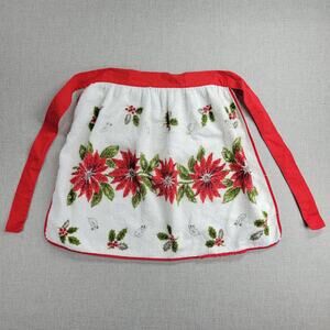 Vintage Terrycloth Christmas Theme Wrap Apron Pointsettia Flower Retro Handmade